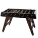 Full view of RS Barcelona RS3 Wood Gold football table showing black frame, angled wooden legs, chrome rods and gold and silver foosball players.