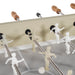 Close-up of RS Barcelona RS4 Home football table player figures and rods on cream coloured foosball table.