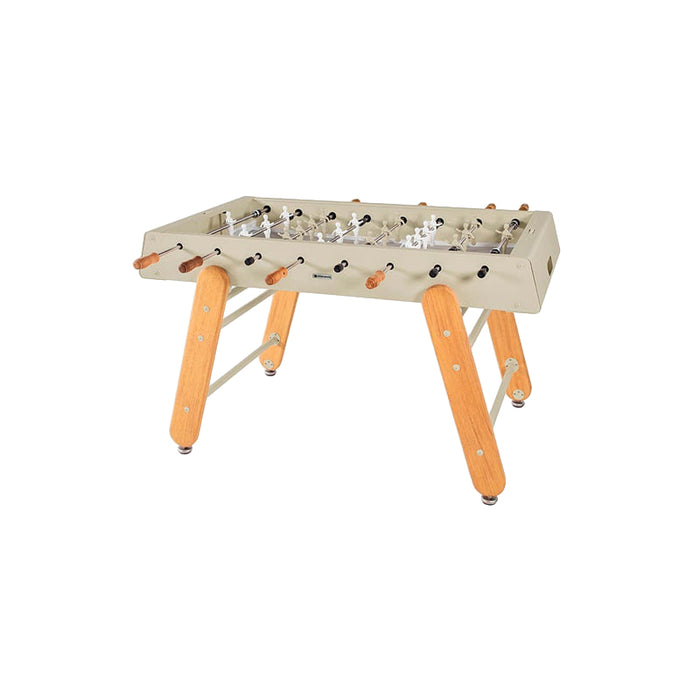 Angled view of RS Barcelona RS4 Home football table in cream with solid wooden legs and white player figures, modern designer foosball table.