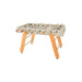 Angled view of RS Barcelona RS4 Home football table in cream with solid wooden legs and white player figures, modern designer foosball table.