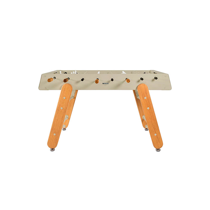 Front view of RS Barcelona RS4 Home football table in cream with solid wooden legs and wooden handles, modern designer foosball table.