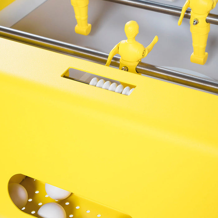 RS Barcelona RS4 Home yellow football table close-up with player figures and manual score counter detail.