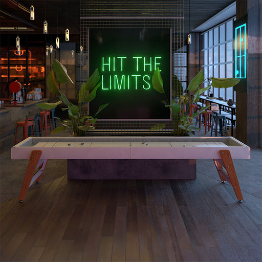 RS Barcelona Track shuffleboard table in modern bar interior with neon lighting, contemporary shuffleboard game table setting.