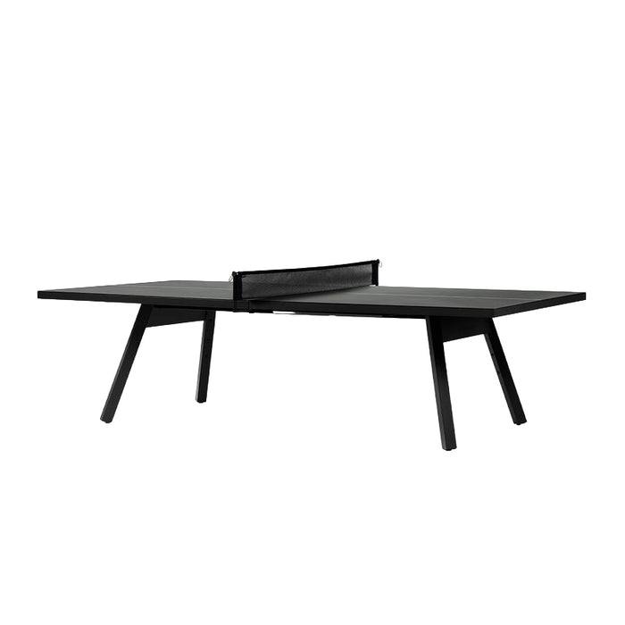 Angled view of black RS Barcelona You and Me monochrome ping pong table with sleek modern legs and net, contemporary table tennis furniture.