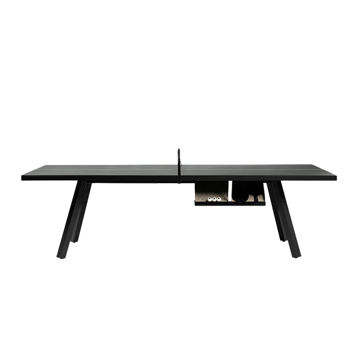 Black RS Barcelona You and Me monochrome ping pong table with integrated net and storage compartment, minimalist indoor or outdoor table tennis design.