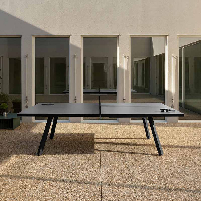 RS Barcelona You and Me monochrome ping pong table in white showing underside storage, contemporary outdoor table tennis table with built-in ball and paddle storage.