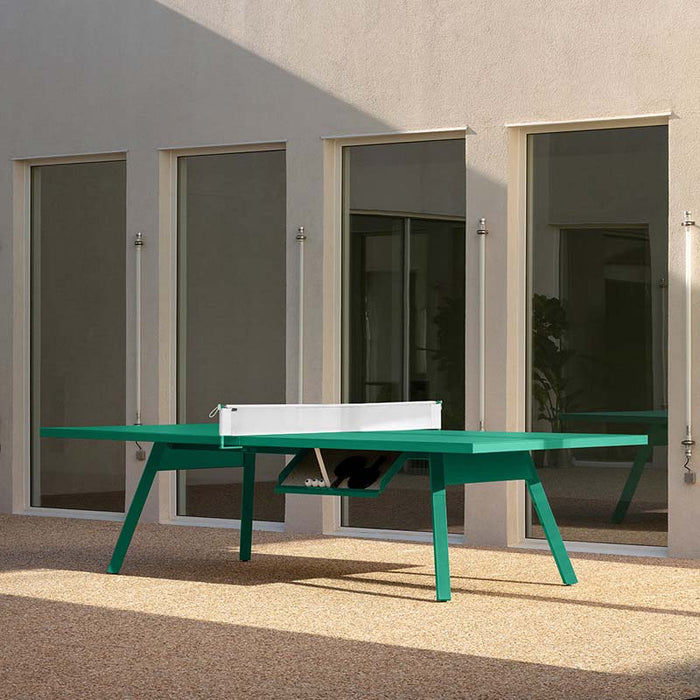 RS Barcelona You and Me monochrome ping pong table in light green with storage compartment, modern outdoor table tennis table with integrated net and sleek legs.