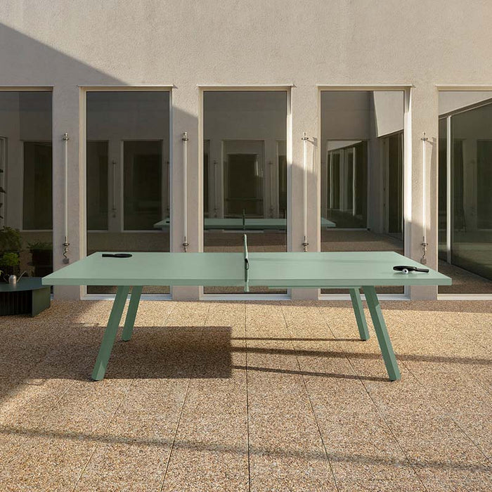 RS Barcelona You and Me monochrome ping pong table in deep red finish with storage, modern outdoor table tennis table with integrated net and minimalist design.