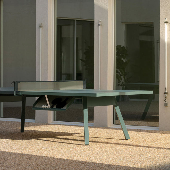 RS Barcelona You and Me monochrome ping pong table in dark grey with storage compartment, modern outdoor table tennis table with integrated net and sleek design.