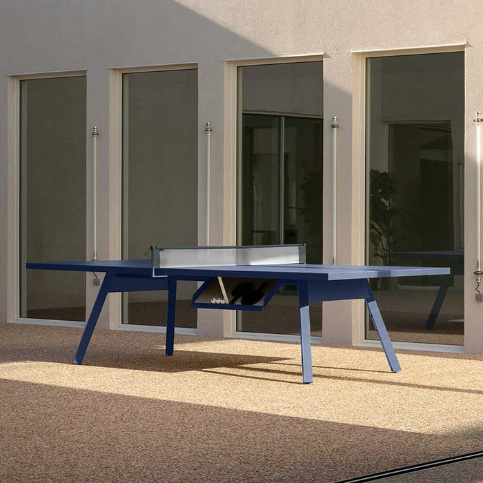 RS Barcelona You and Me monochrome ping pong table in blue with storage compartment, modern outdoor table tennis table with clean lines and sleek structure.