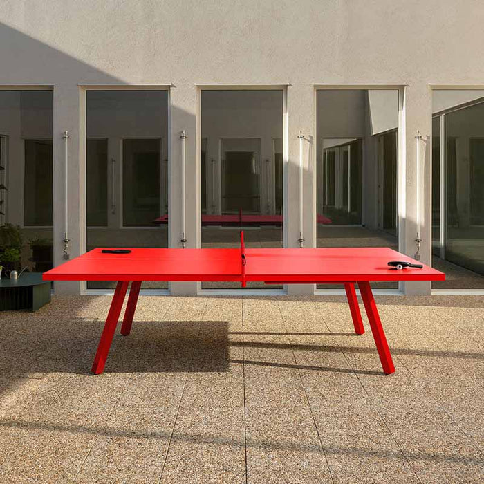 RS Barcelona You and Me monochrome ping pong table in sage green with storage, modern outdoor table tennis table featuring integrated net and clean lines.