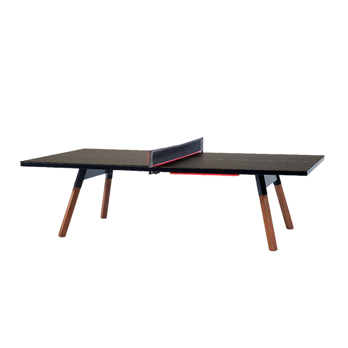 Modern outdoor ping pong table with black tabletop and wooden legs, RS Barcelona You and Me table tennis design suitable for covered outdoor use with sleek minimalist finish