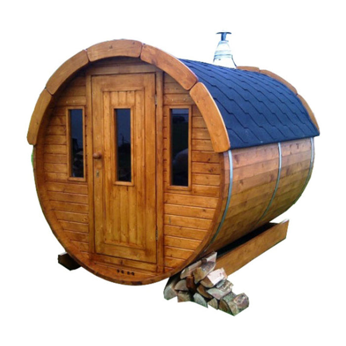 Sauna Barrel from Thermowood 1.9 x 2m on white background.