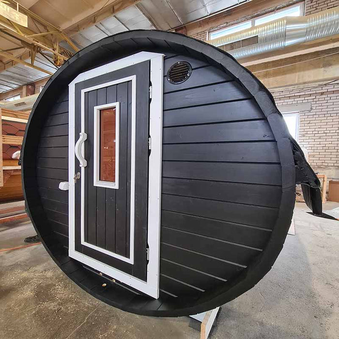 Fully assembled Sauna Barrel from Thermowood 1.9 x 2m in black.