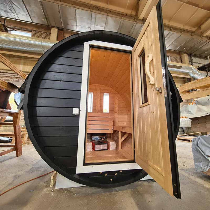 Assembled Sauna Barrel from Thermowood 1.9 x 2m with open door.