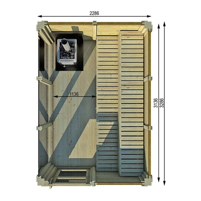 Technical drawing displaying dimensions and layout of the Traditional Sauna Cube 2 x 3m.