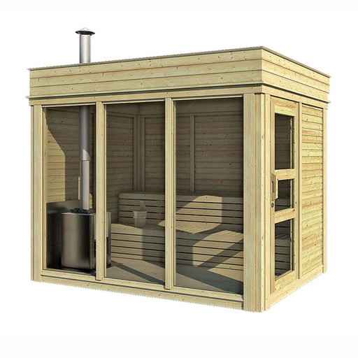 A front view of a Traditional Sauna Cube 2 x 3m with large glass panels and a chimney.