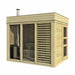 Exterior view of traditional sauna cube with large glass windows and a wood-burning stove.