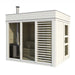 Modern white traditional sauna cube with large glass windows and a wood-burning stove inside.