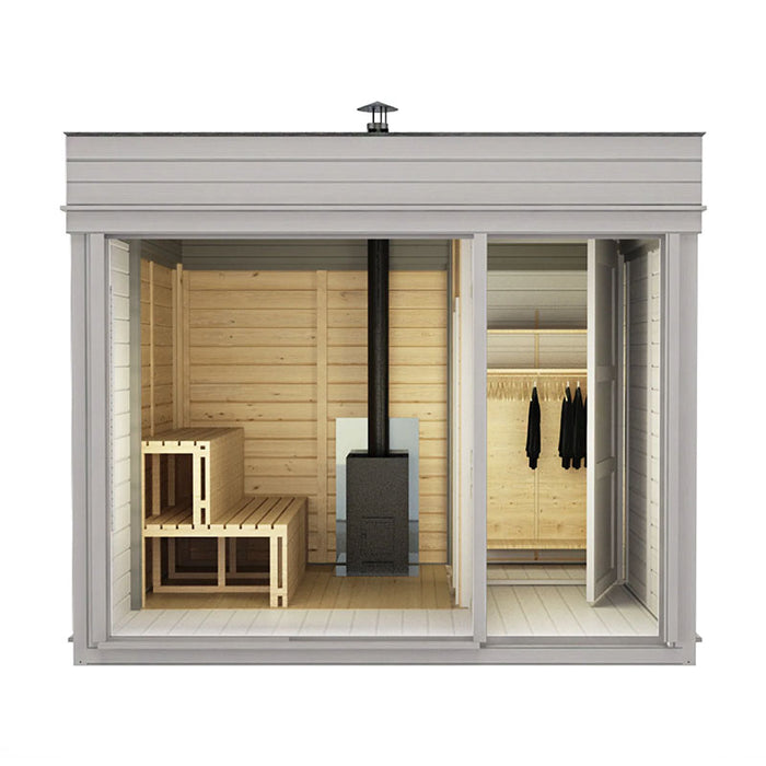 A Traditional Sauna Cube with an open door, inviting relaxation and warmth.