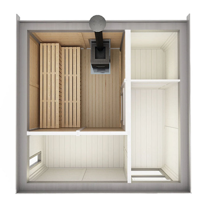 Traditional Sauna Cube 3 x 3 with changing room interior.