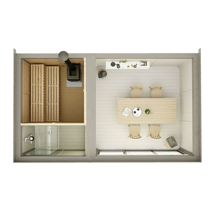 A bird's-eye view showing the layout of the Traditional Sauna Cube 3 x 5m and the lounge space with a dining table.