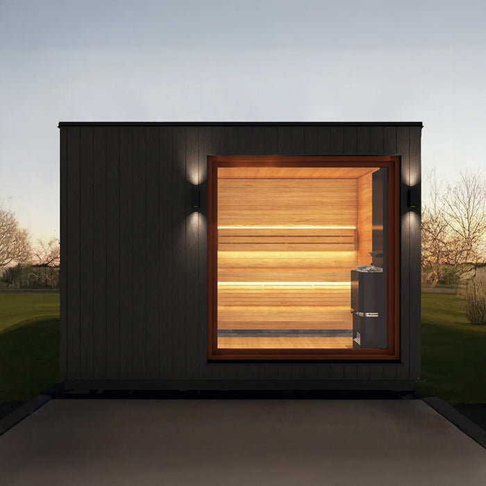 Front view of the Saunum AirCube Double Outdoor Sauna with a clear view of the spacious interior and upper and lower benches, showcasing modern design and high-quality materials.