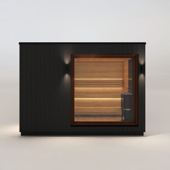 Full exterior overview of the Saunum AirCube Double Outdoor Sauna with Changing Room, showcasing its modern black cladding, glass panels, and sleek architectural design.