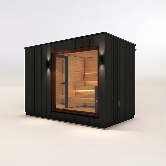 Right side view of the Saunum AirCube Double Outdoor Sauna with Changing Room, focusing on the seamless integration of glass panels and wood elements.