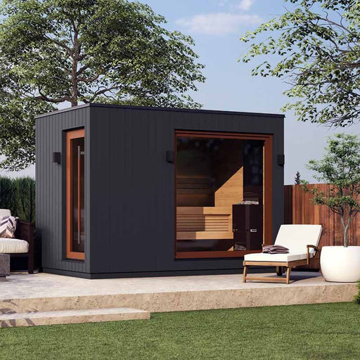 Saunum AirCube Double Outdoor Sauna with Changing Room, placed in a modern garden with sleek black Thermo-Spruce exterior and large double-glazed windows, providing a luxurious wellness retreat.