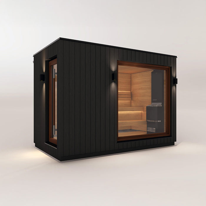 Left side angle of the Saunum AirCube Double Outdoor Sauna with Changing Room, capturing the sturdy construction and spacious design.