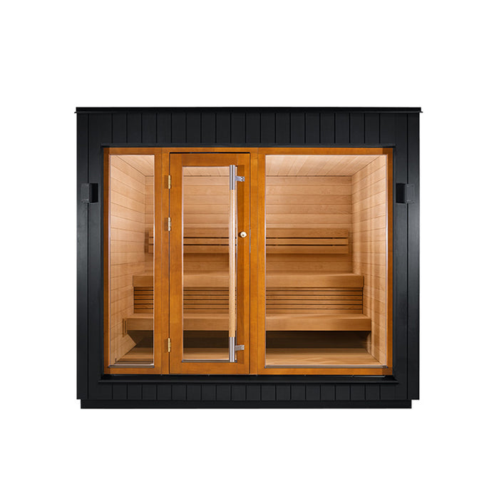 Modern Saunum AirCube One Outdoor Sauna with full-length glass front doors and a smooth black exterior, perfect for outdoor relaxation.