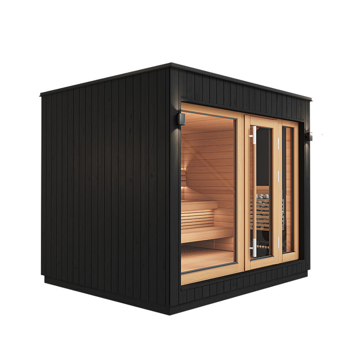 Right-angle perspective of the Saunum AirCube One Outdoor Sauna, showcasing its sleek black facade and inviting glass doors.