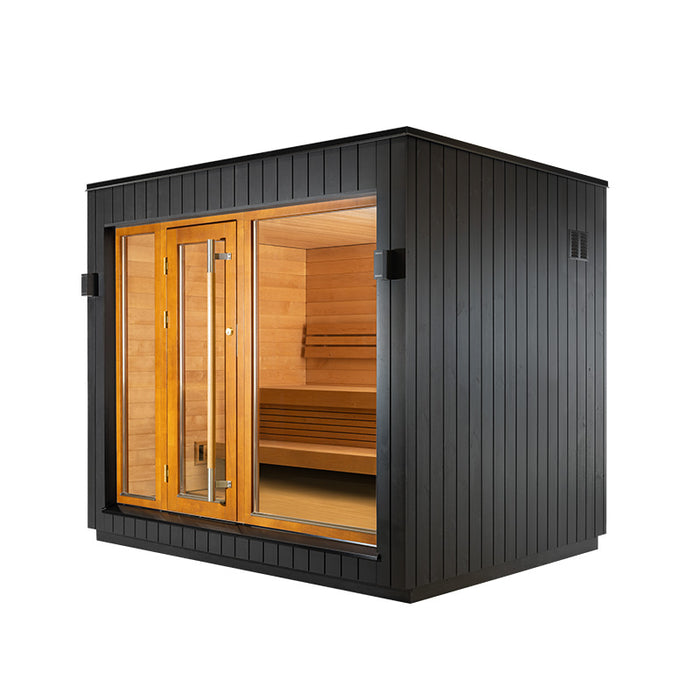 Left-angle view highlighting the seamless black exterior of the Saunum AirCube One Outdoor Sauna, emphasising its sturdy build and large windows.