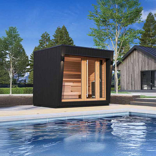 The Saunum AirCube Space Outdoor Sauna installed beside a modern pool, offering a perfect blend of luxury and wellness in a scenic outdoor setting.