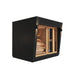 Side view of the Saunum AirCube Space Outdoor Sauna, highlighting its clean black exterior and spacious, glass-panelled front for optimal light and visibility.