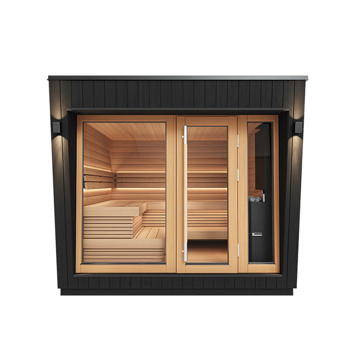 A sleek black and wood-finished Saunum AirCube Space Outdoor Sauna, featuring large, double-glazed glass panels with a modern, minimalist design.