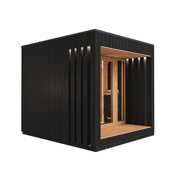 Side view of the Saunum AirCube Terrace Outdoor Sauna, showcasing its modern black Thermo-Spruce exterior and sleek design.