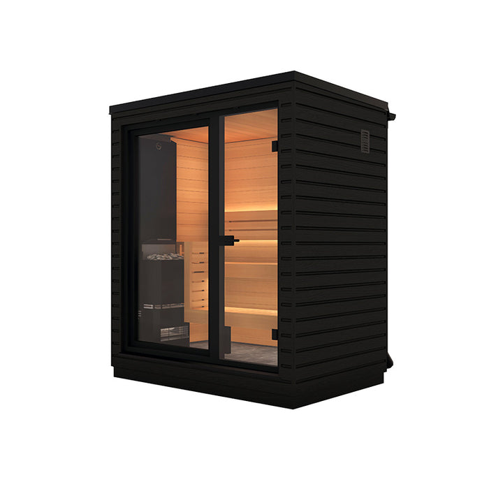 Left-angle view of the Saunum Classic Mini-Mini Outdoor Sauna, showcasing the clean lines of the Thermo-Spruce cladding and large glass front for an inviting sauna session in small outdoor spaces.