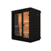 Left-angle view of the Saunum Classic Mini-Mini Outdoor Sauna, showcasing the clean lines of the Thermo-Spruce cladding and large glass front for an inviting sauna session in small outdoor spaces.