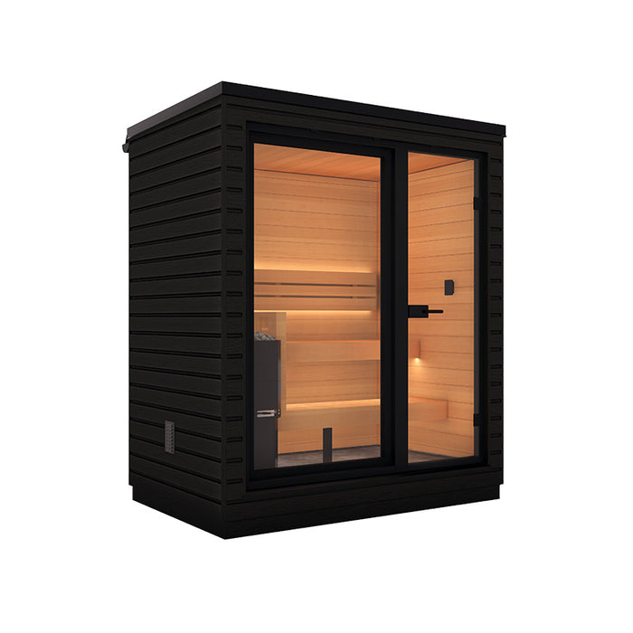 Right-angle view of the Saunum Classic Mini-Mini Outdoor Sauna, with large glass doors revealing the warm and elegant Thermo-Aspen interior, creating a perfect outdoor relaxation retreat.