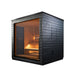 Right angle of Saunum Classic Outdoor Sauna, showcasing spacious seating and premium wood finish.