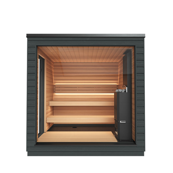 Front view of Saunum Classic Outdoor Sauna for 4 Persons, showcasing spacious seating and premium wood finish, ideal for an authentic outdoor sauna experience.