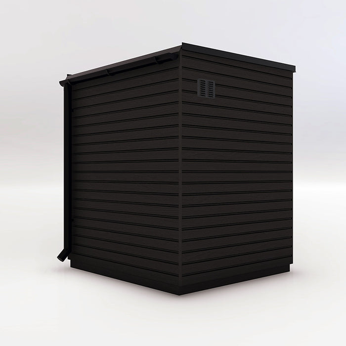 Back view of the Saunum Classic Mini Outdoor Sauna, featuring the clean, minimalistic design of the black Thermo-Pine exterior, showcasing durability and elegance.