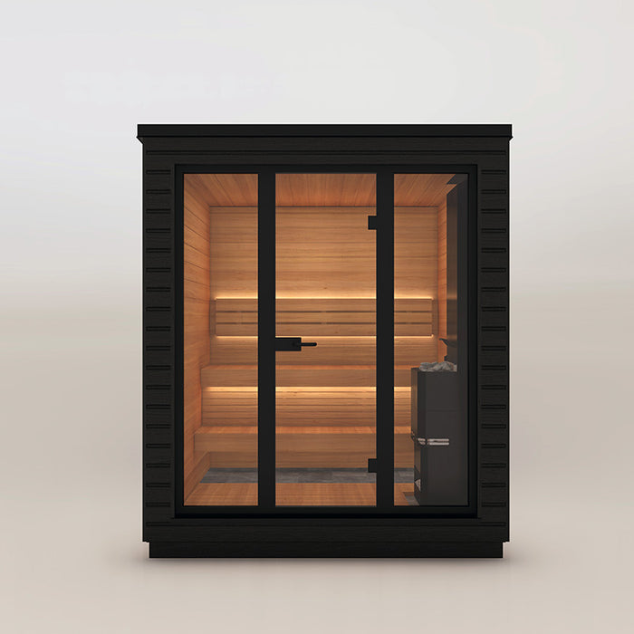 Front view of the Saunum Classic Mini Outdoor Sauna, showcasing the Thermo-Aspen interior and large glass panels, perfect for a 3-person compact sauna experience.