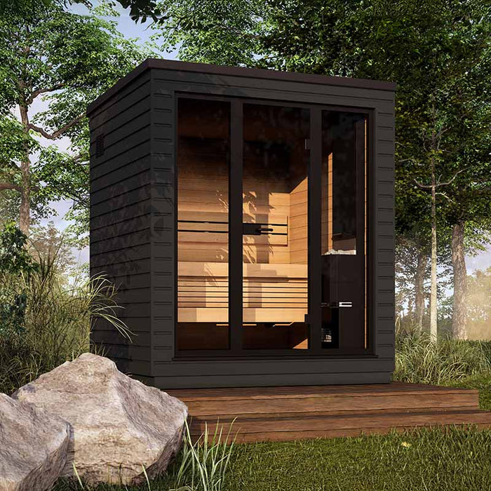 Saunum Classic Mini Outdoor Sauna in a modern garden, featuring a sleek black exterior and large tempered glass front, ideal for compact outdoor wellness retreats.