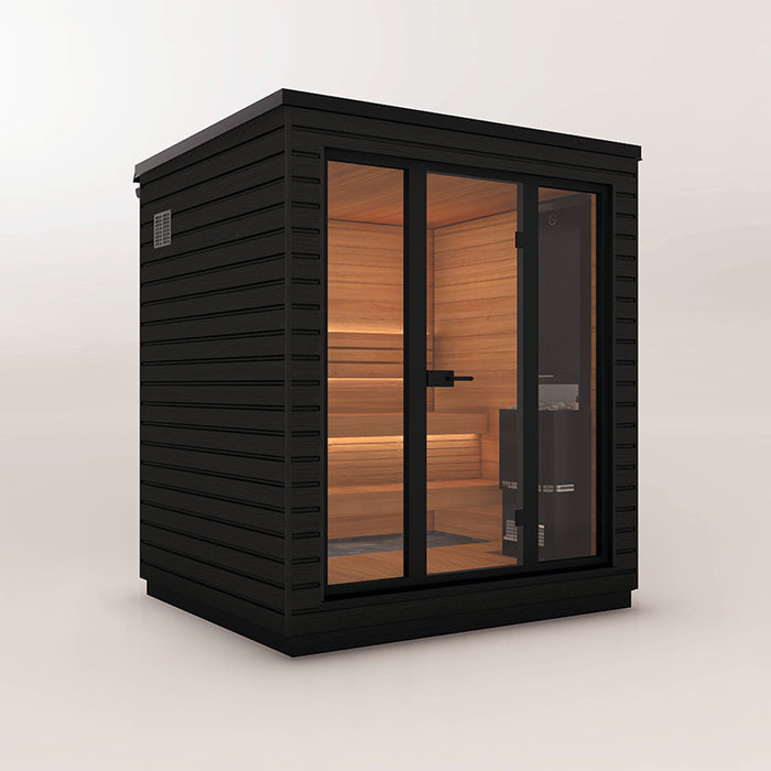 Right-angle view of the Saunum Classic Mini Outdoor Sauna, highlighting its modern black Thermo-Pine exterior and spacious glass panels for a stylish and private sauna session.