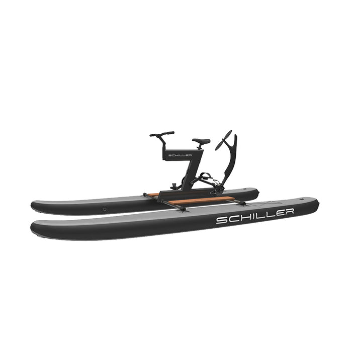 Side view of the Schiller S1-C Water Bike showing its twin-pontoon design and raised pedals.