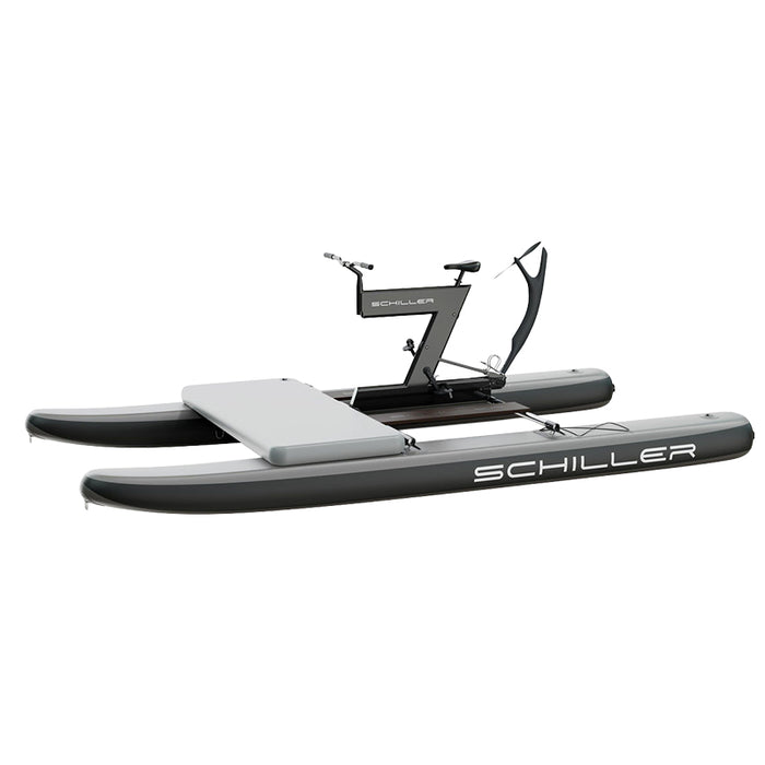 Schiller S1-C Water Bike with its deck platform and twin pontoons shown against a white background.