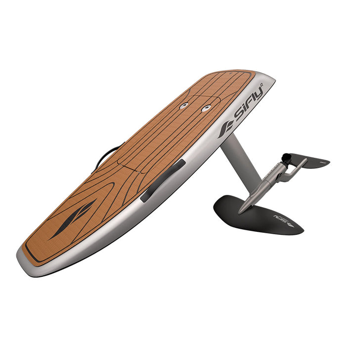 SiFly Stellar eFoil Set in white with wood-effect deck, electric motor, mast and hydrofoil assembly.
